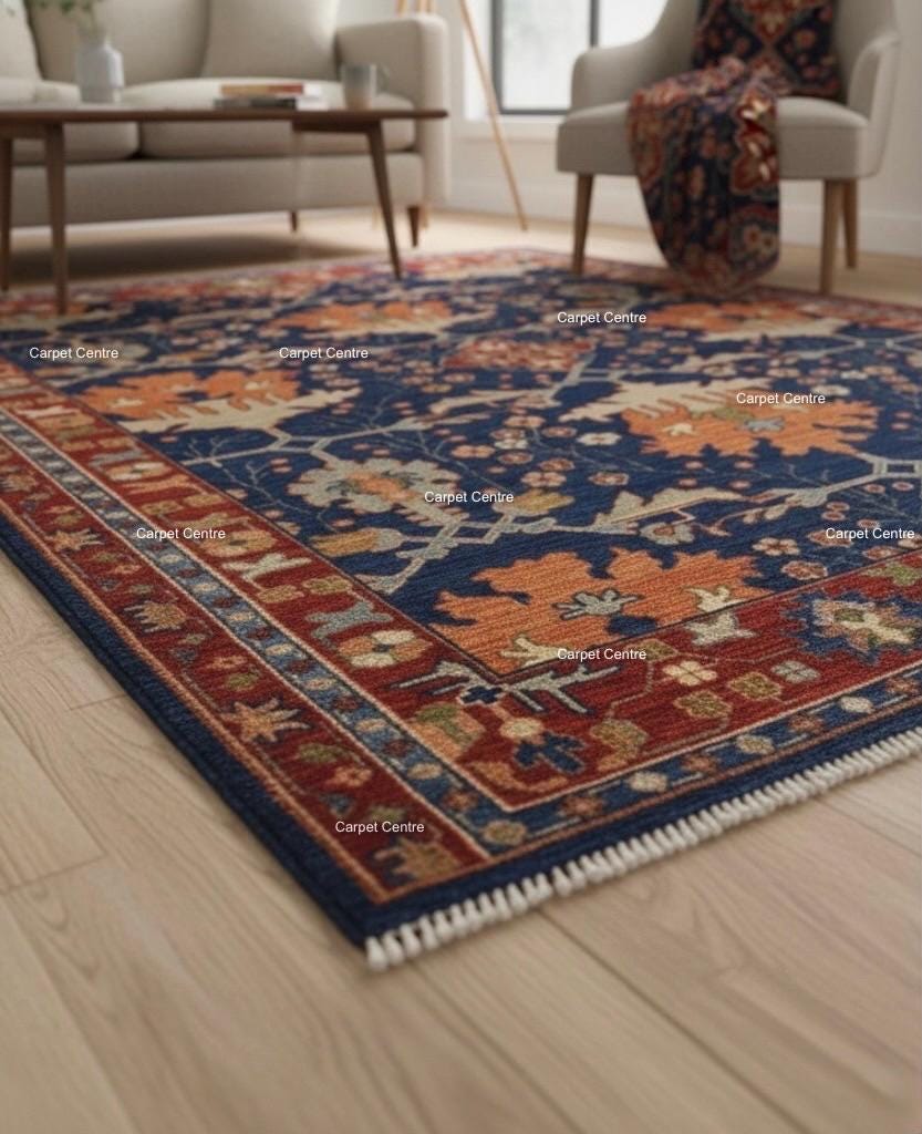 Navy Blue Hand-Knotted Wool Rug, Heriz Oushak Style