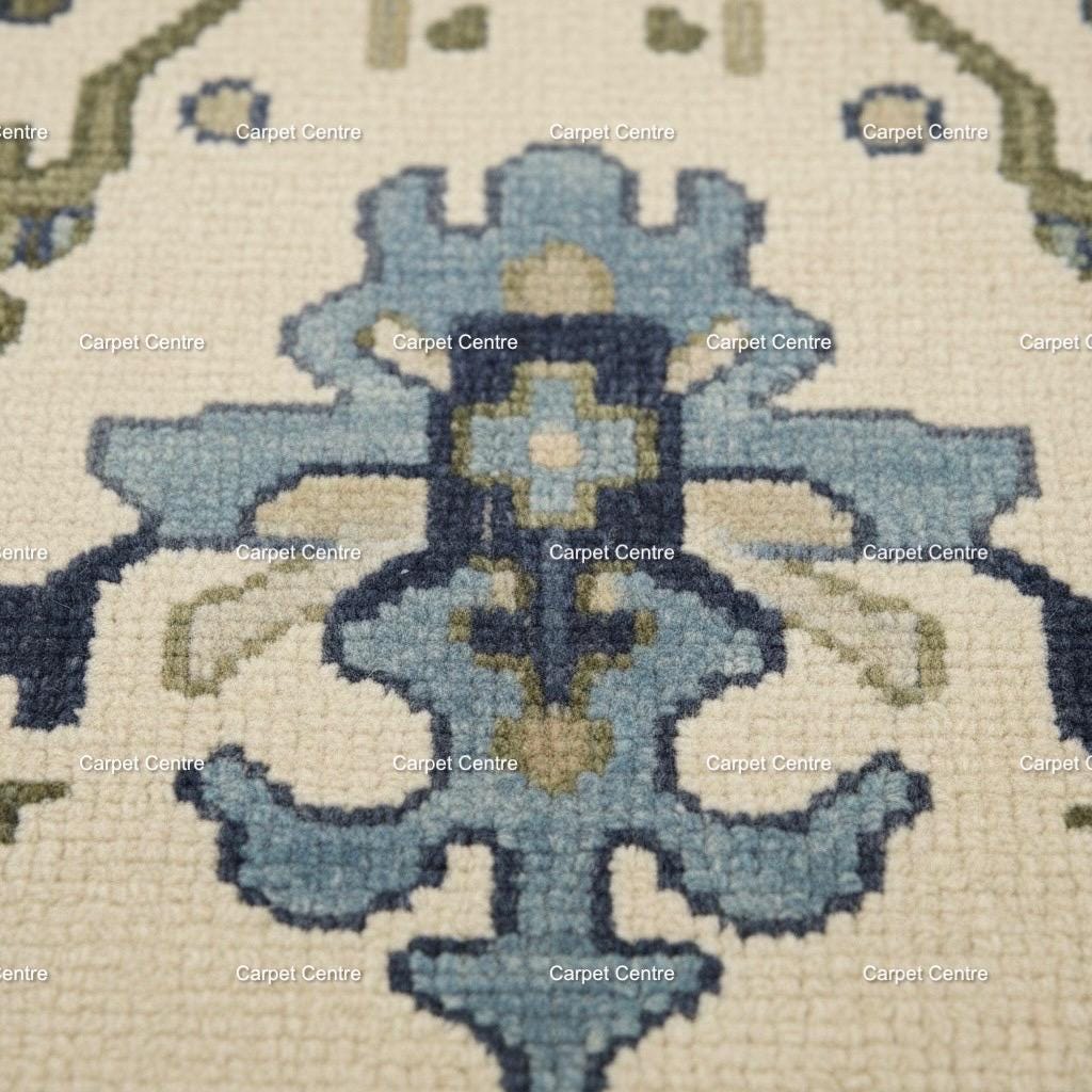 Hand-Knotted Ivory Oushak Rug, Navy Border, Handspun Wool