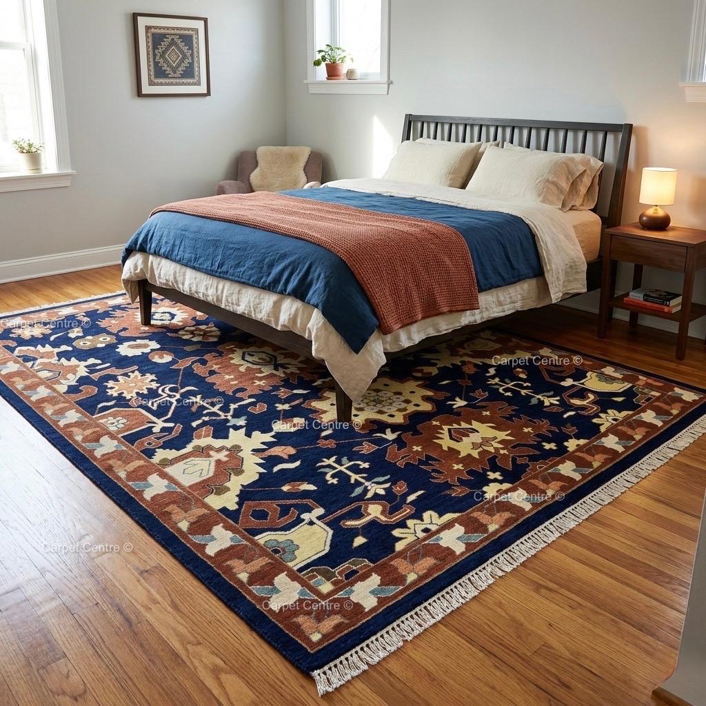 Navy Blue Oushak Rug, Rust Geometric Turkish Tribal Boho Area Rug