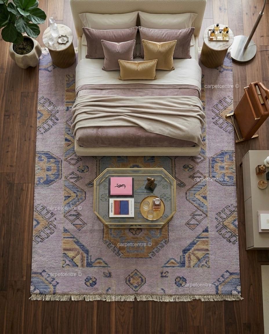 Lavender Oushak Rug, Muted Geometric Turkish Wool Carpet, Boho Bedroom Nursery