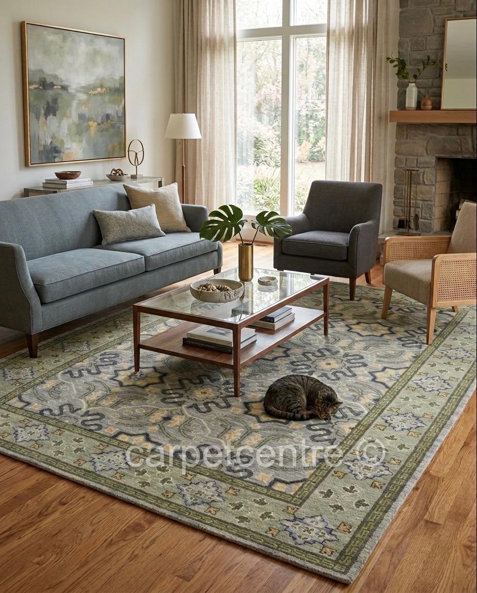 Hand Knotted Oushak Wool Rug | Sage Green Geometric Design