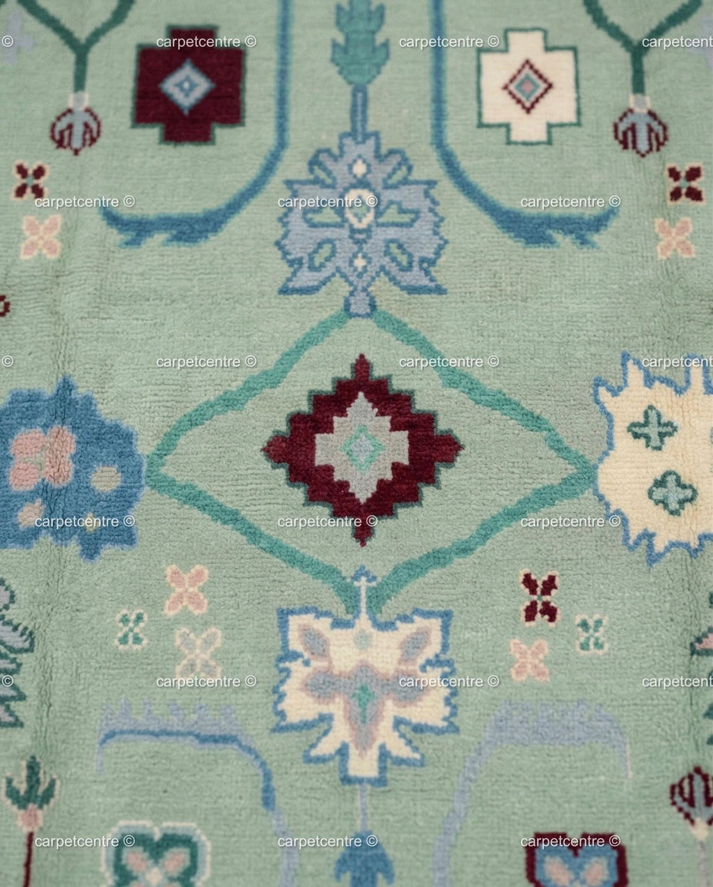 Mint Green Oushak Rug, Seafoam Pastel Turkish Floral Geometric Carpet