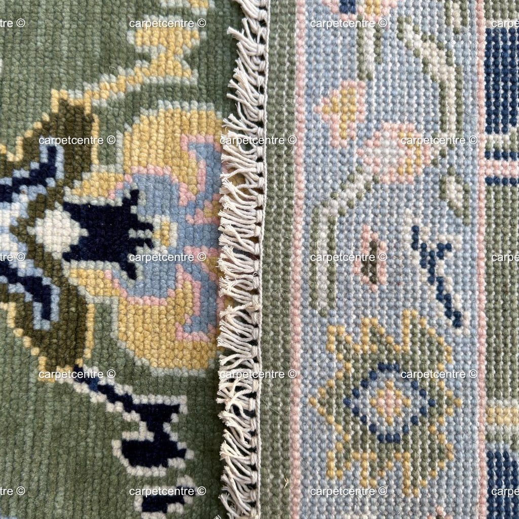 Sage Green Oushak Wool Runner, Floral Hallway Rug, Boho Kitchen Mat