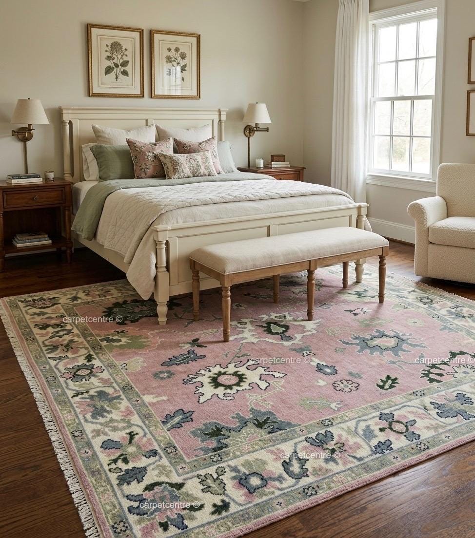 Hand Knotted Pink Oushak Rug: New Zealand Wool Floral Area Rug