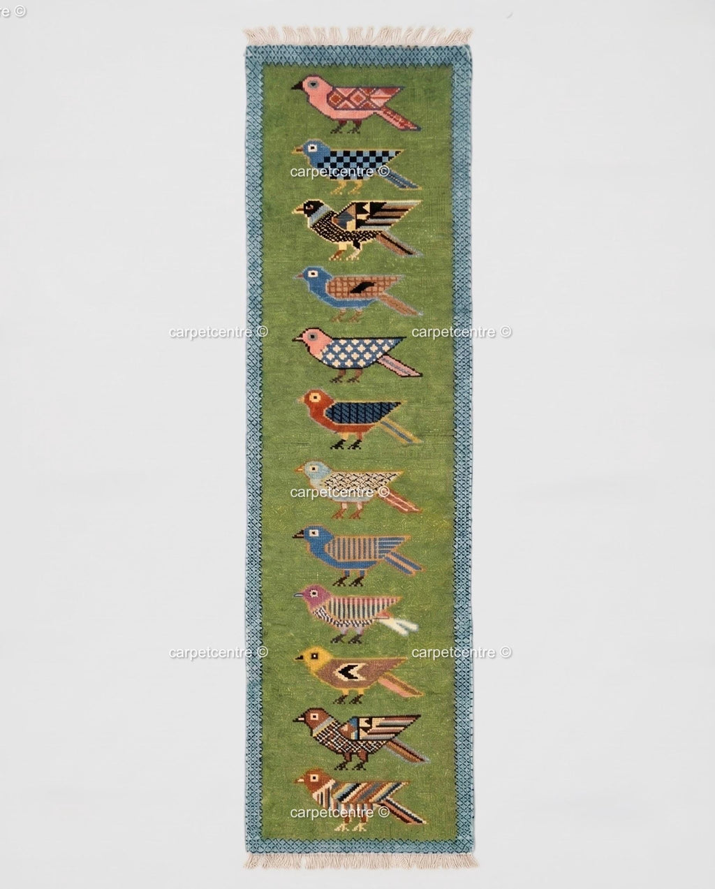 Handmade Wool Runner Rug Folk Art Bird Design, Green Carpet, Hallway-Entryway-Kitchen-Bathroom Runner