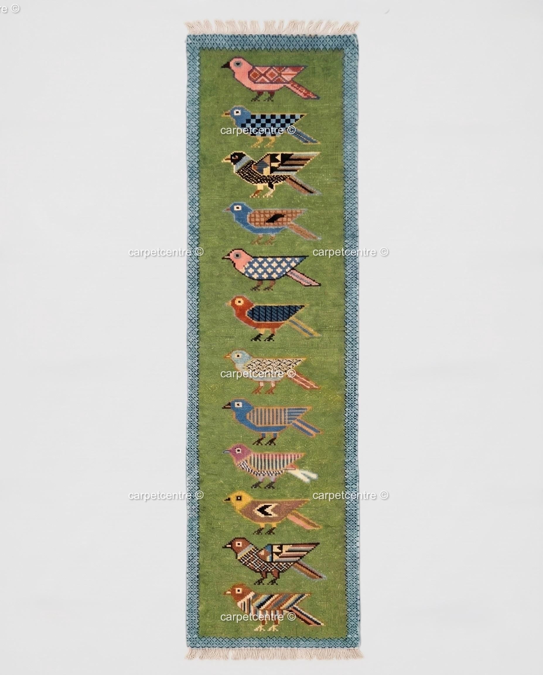 Handmade Wool Runner Rug Folk Art Bird Design, Green Carpet, Hallway-Entryway-Kitchen-Bathroom Runner