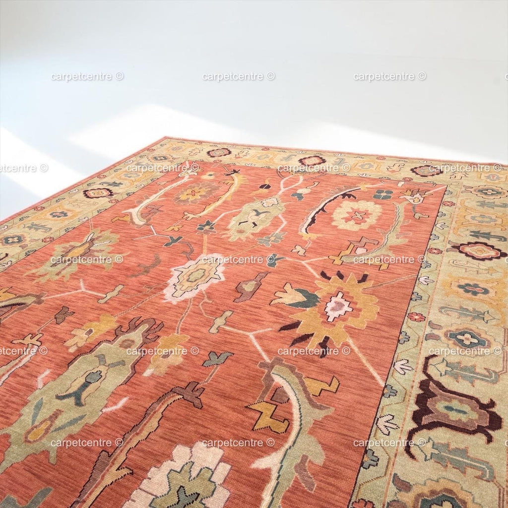 Hand-Knotted Wool Oushak Rug, Terracotta Floral, Sage Green Border, Farmhouse Style