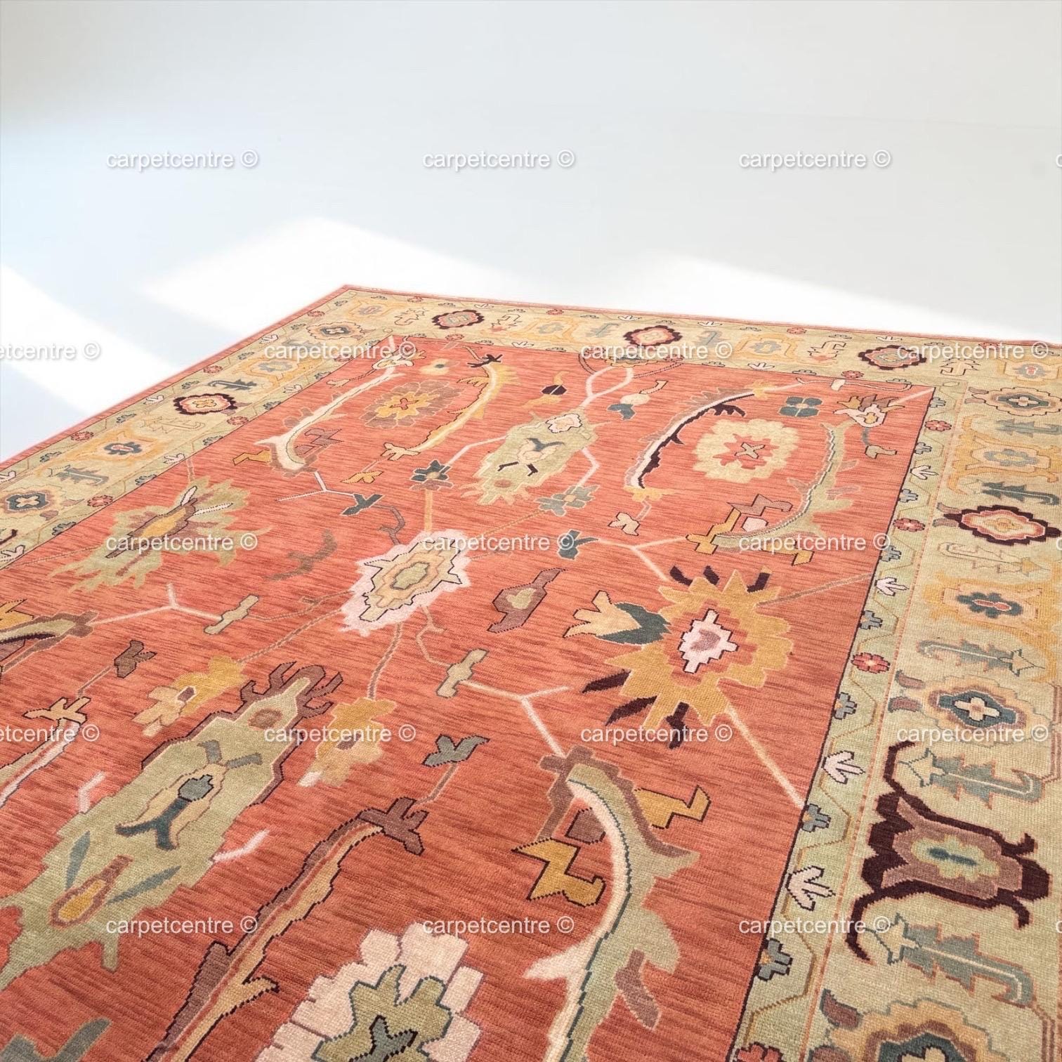 Hand-Knotted Wool Oushak Rug, Terracotta Floral, Sage Green Border, Farmhouse Style