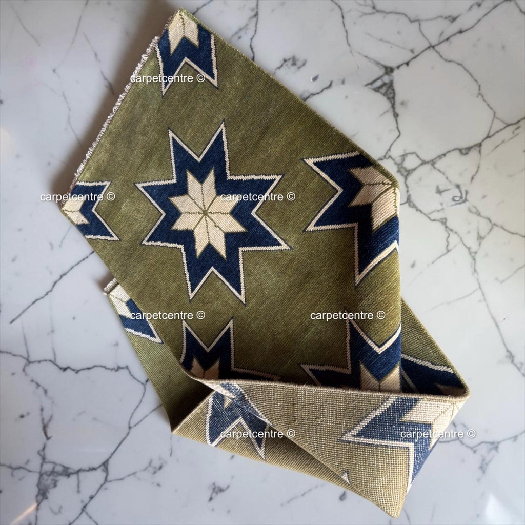 Moss Green Wool Runner Rug, Turkish Knot Star Design, Geometric Hallway Entryway Carpet