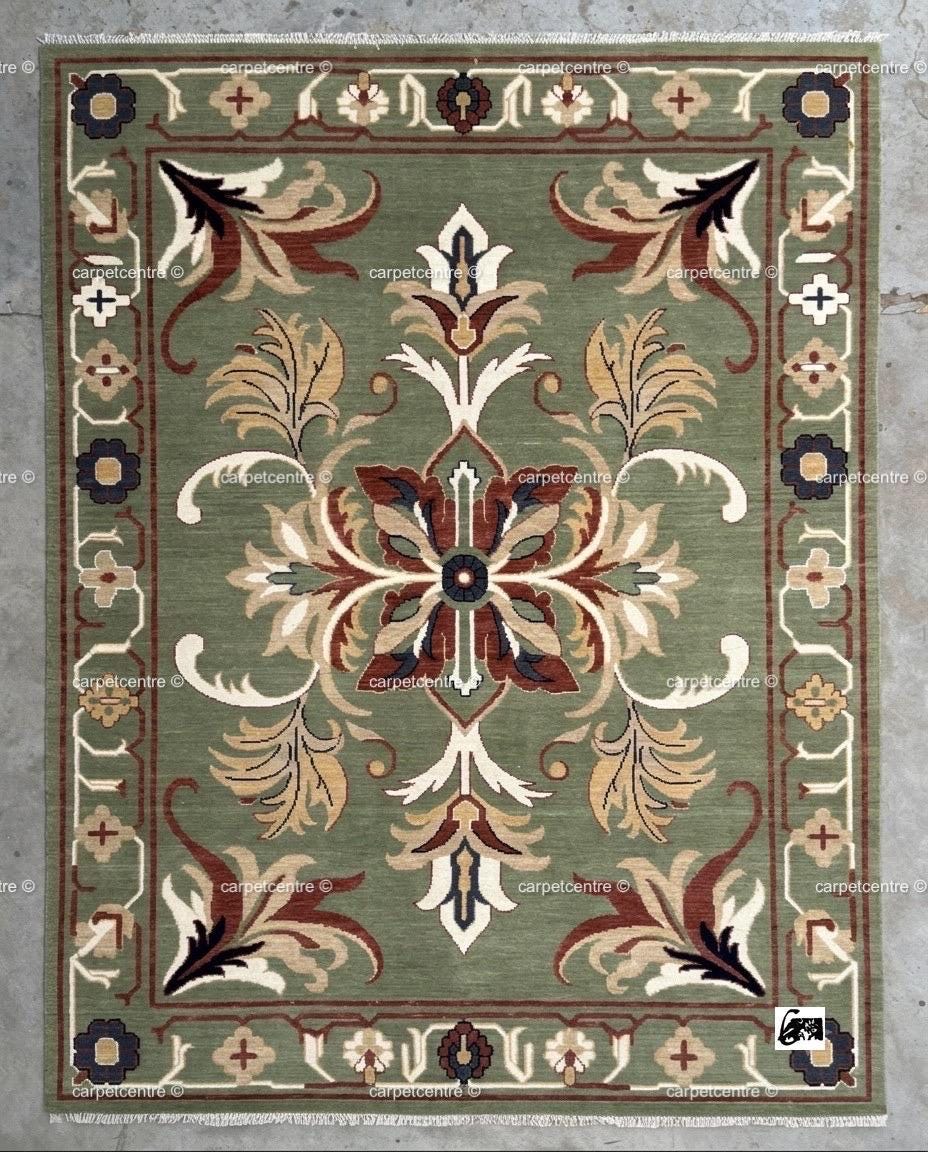 Hand-Knotted Sage Green Oushak Rug | Traditional Turkish Wool Medallion Carpet