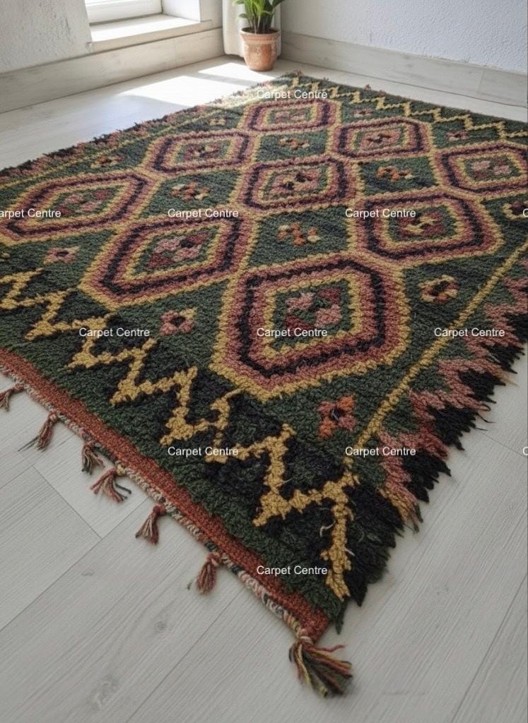 Green Moroccan Shag Rug, Hand-Knotted Wool, Geometric Diamond, Tulu Style