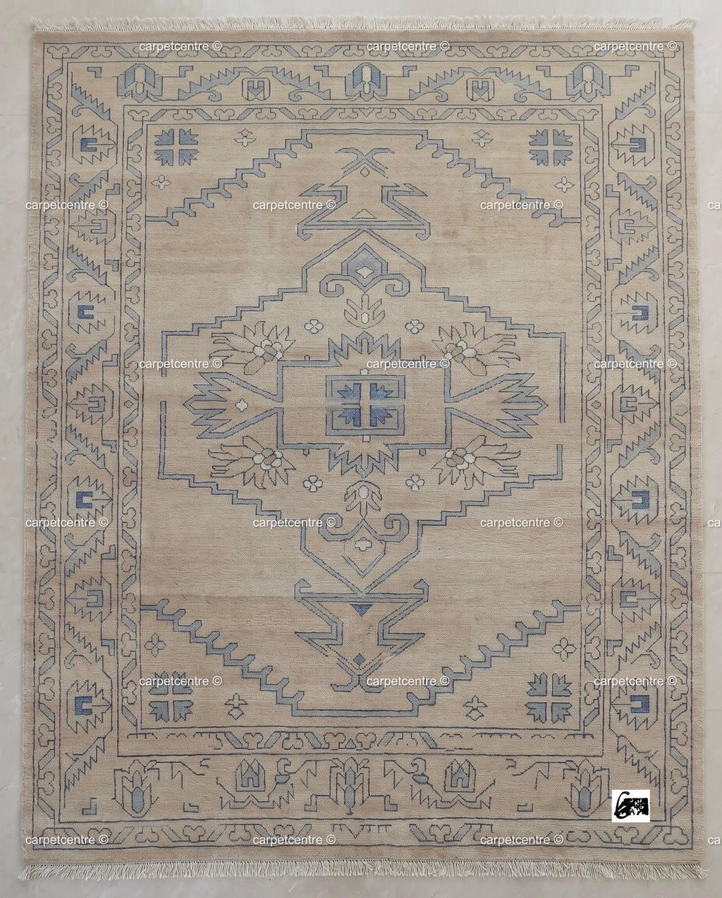 Hand Knotted Neutral Oushak Rug, Beige Blue Wool, Turkish Area Rug