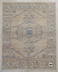 Hand Knotted Neutral Oushak Rug, Beige Blue Wool, Turkish Area Rug