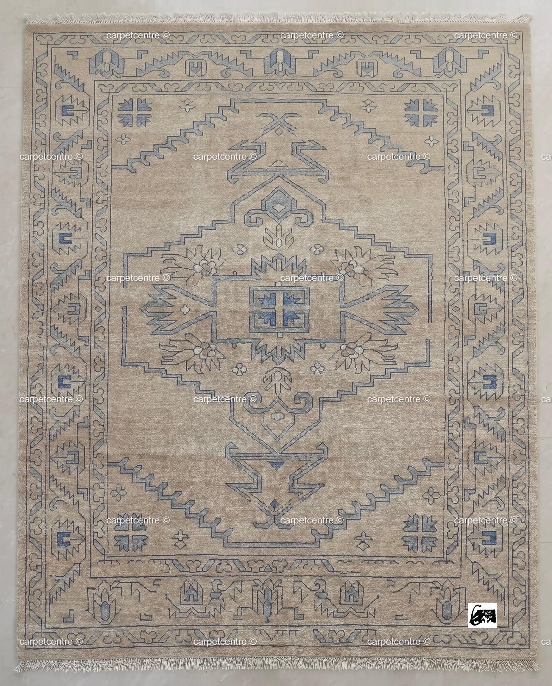 Hand Knotted Neutral Oushak Rug, Beige Blue Wool, Turkish Area Rug