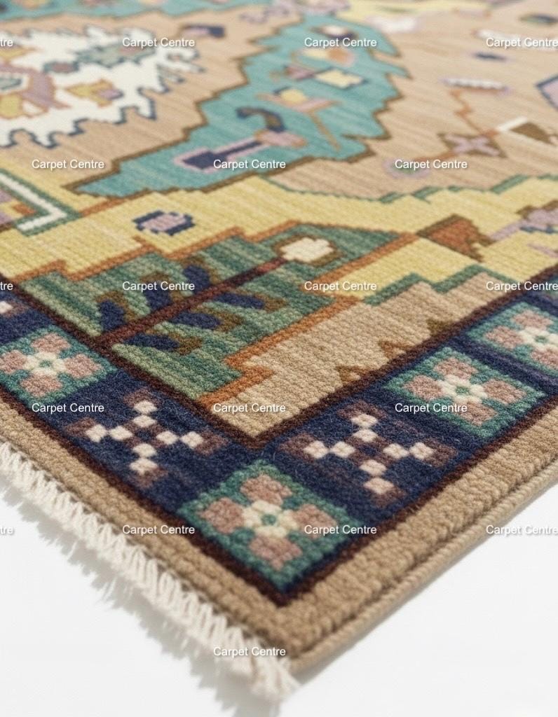Hand-Knotted Oushak Wool Rug, Teal & Tan Geometric Kilim Design