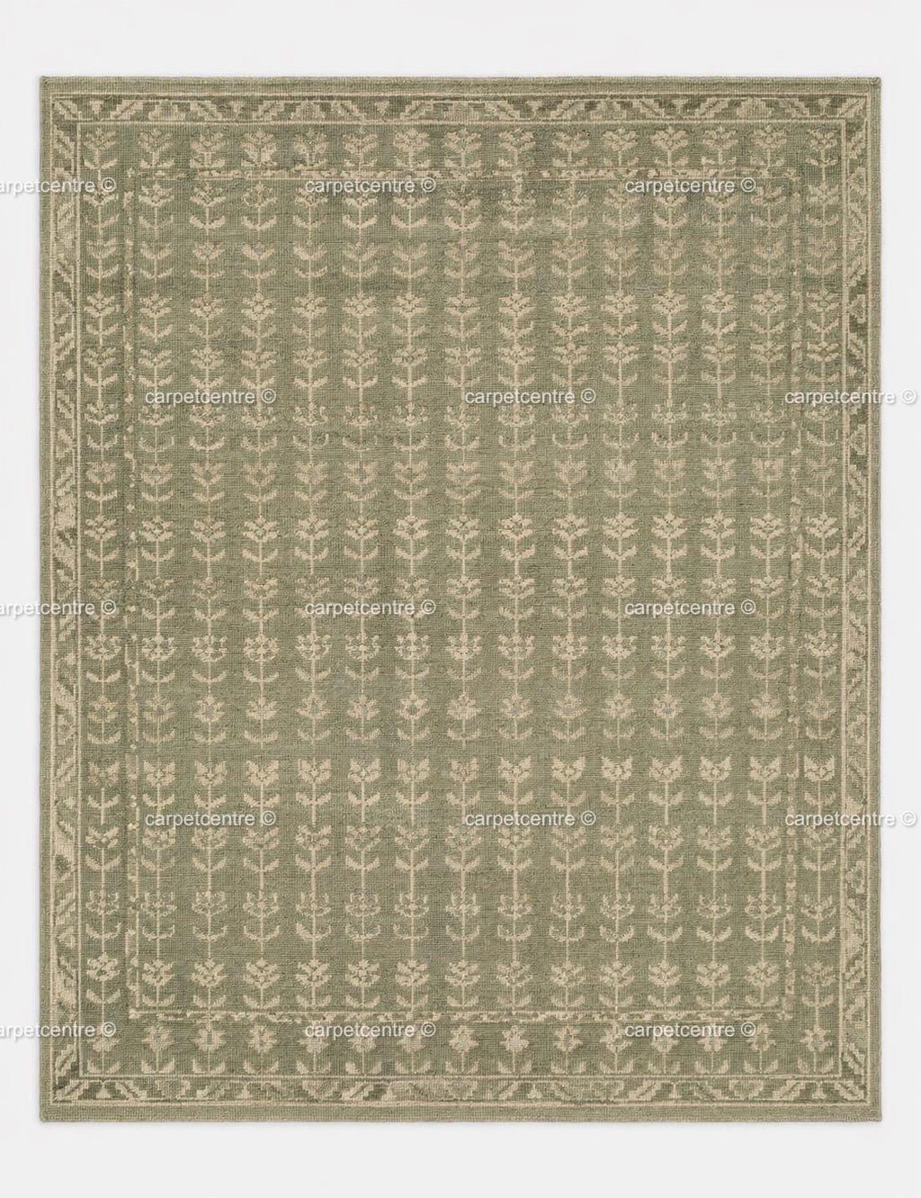 Handmade Sage Green Oushak Wool Rug: Distressed Floral Turkish Area Rug