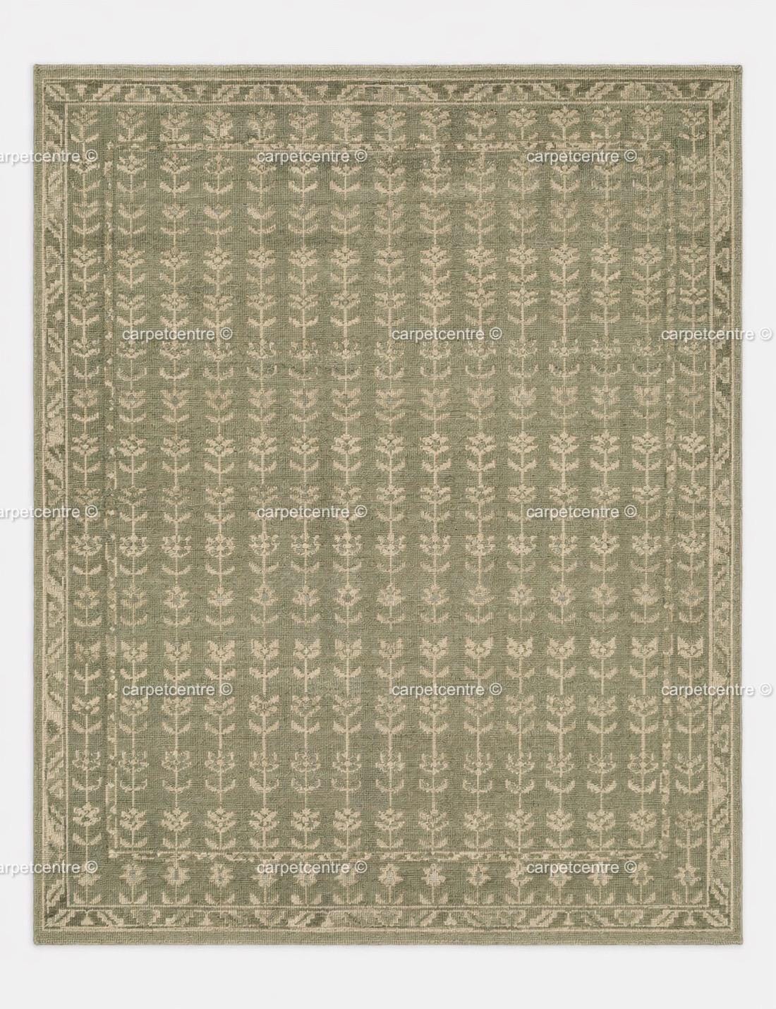 Handmade Sage Green Oushak Wool Rug: Distressed Floral Turkish Area Rug