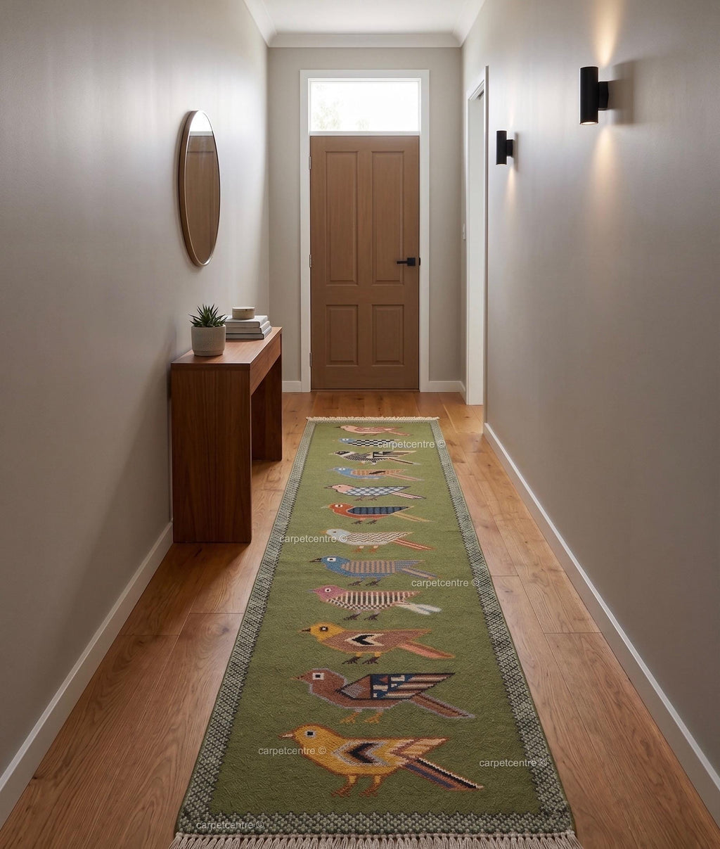 Handmade Wool Folk Art Bird Runner Rug, Green Hallway Carpet, Turkish Knot Artisan Made
