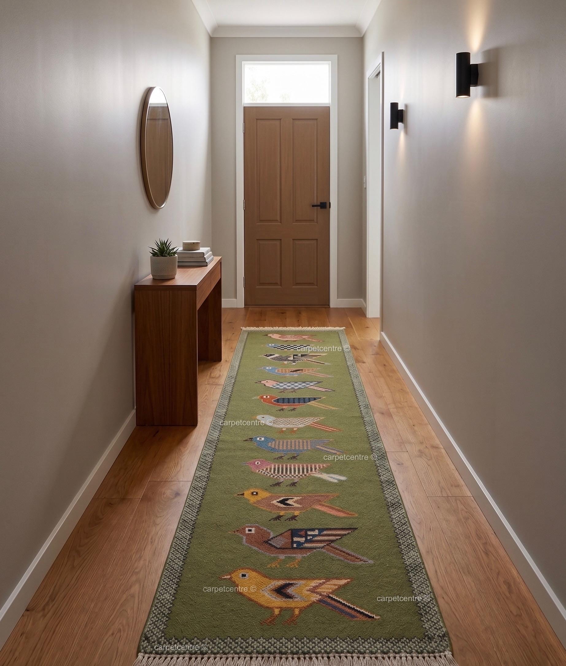 Handmade Wool Folk Art Bird Runner Rug, Green Hallway Carpet, Turkish Knot Artisan Made