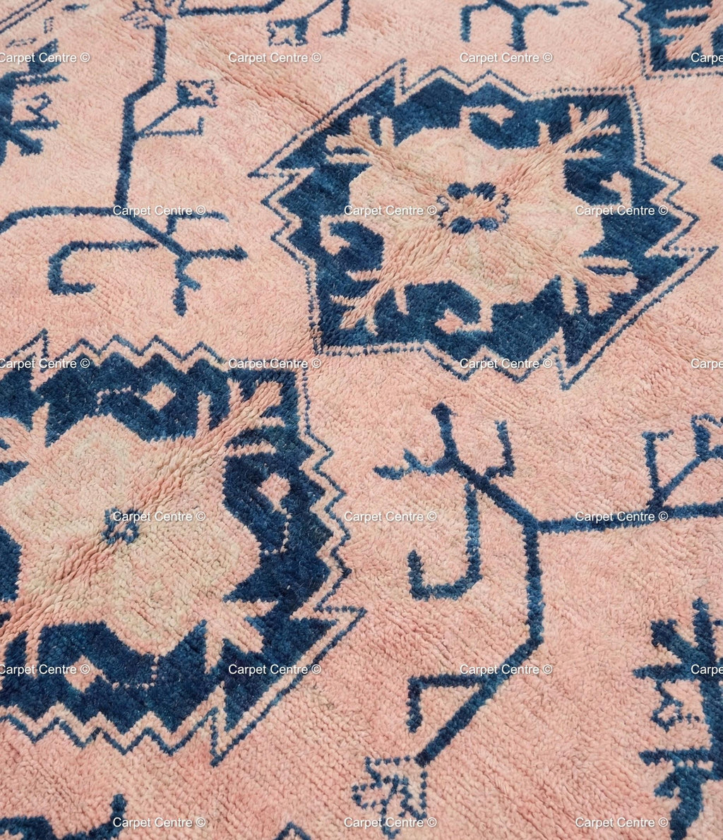 Blush Pink Wool Oushak Rug, Navy Geometric Medallion, Handmade Turkish Knot