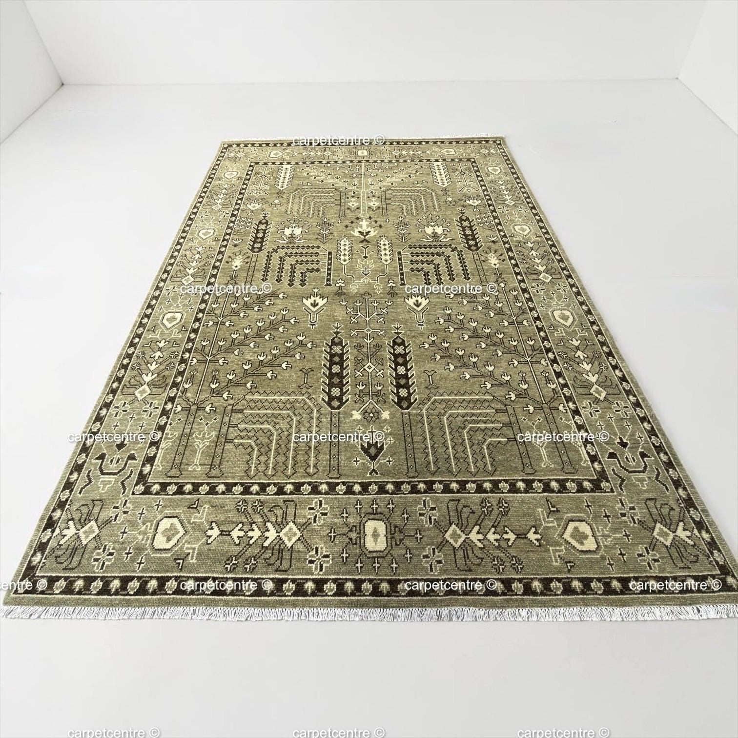 Hand Knotted Wool Oushak Rug, Olive Green Tree of Life Area Carpet