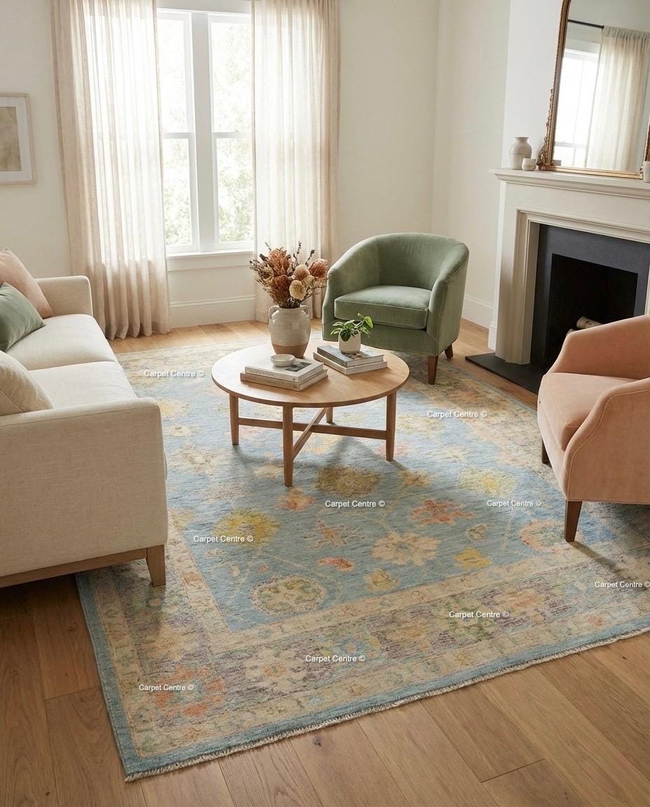Handmade Sky Blue Oushak Wool Rug, Turkish Knot, Coastal Farmhouse Decor