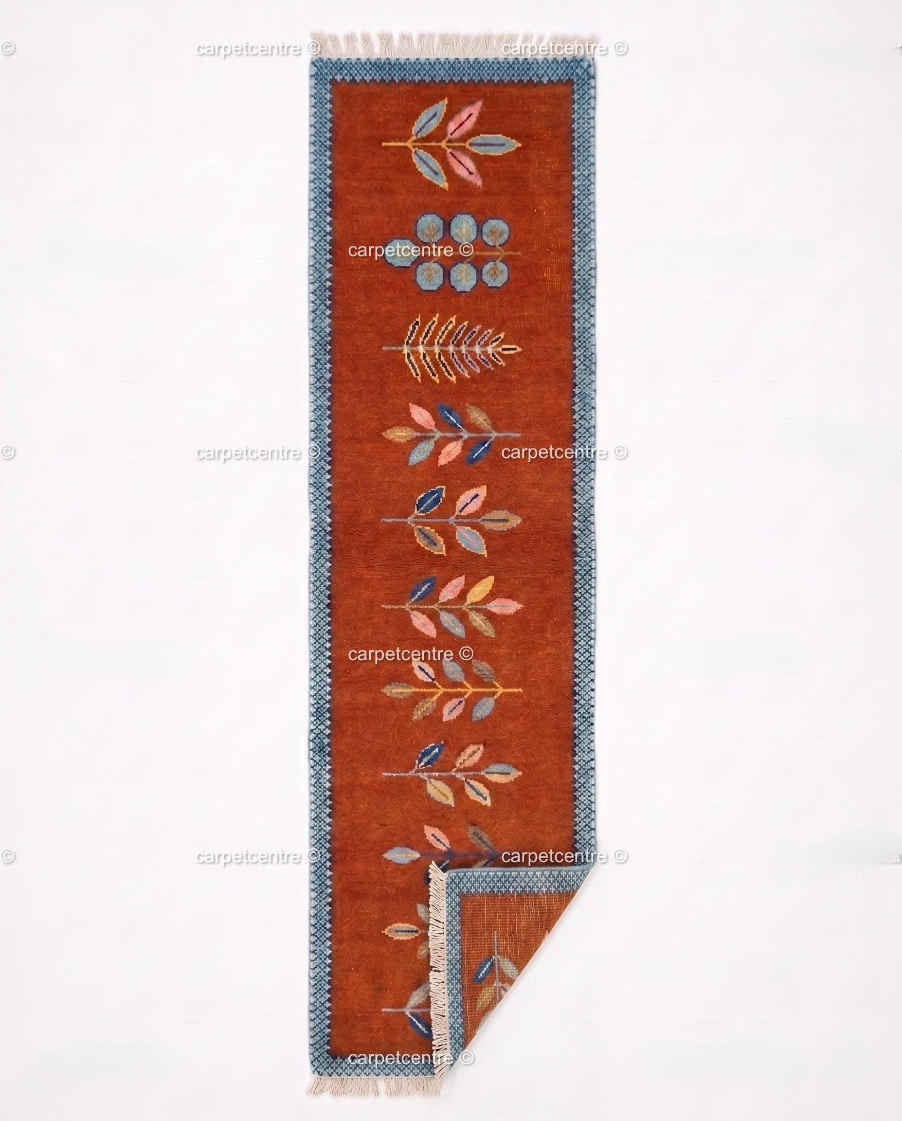 Botanical Leaf Runner Rug: Rust Orange Colorful Carpet Handmade Wool Area Rug