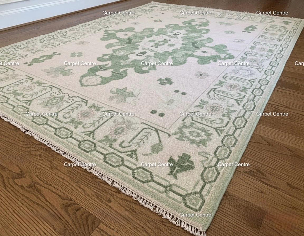Hand-Knotted Oushak Wool Rug: Sage Green Medallion, Transitional Design