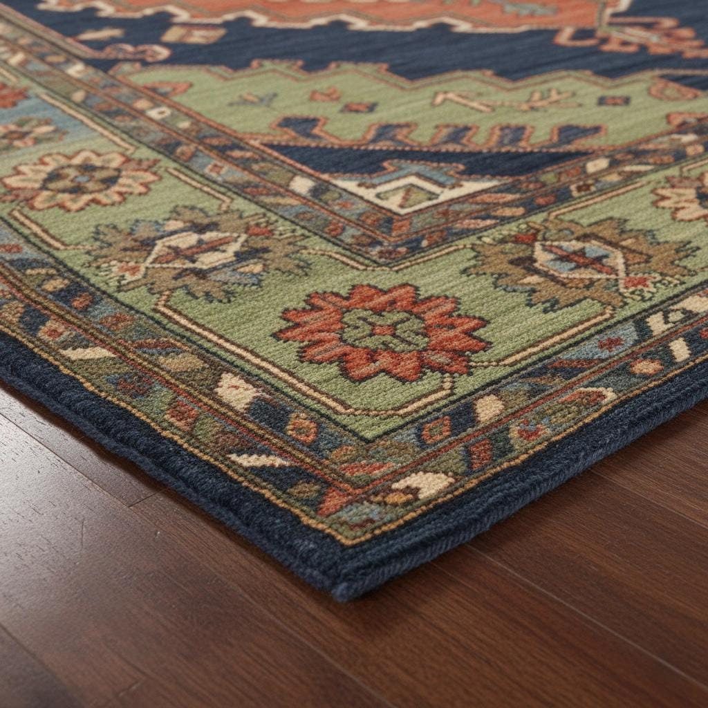 Hand-Knotted Oushak Wool Rug | Navy Blue Sage Green Geometric Medallion Living Room 8x10 9x12