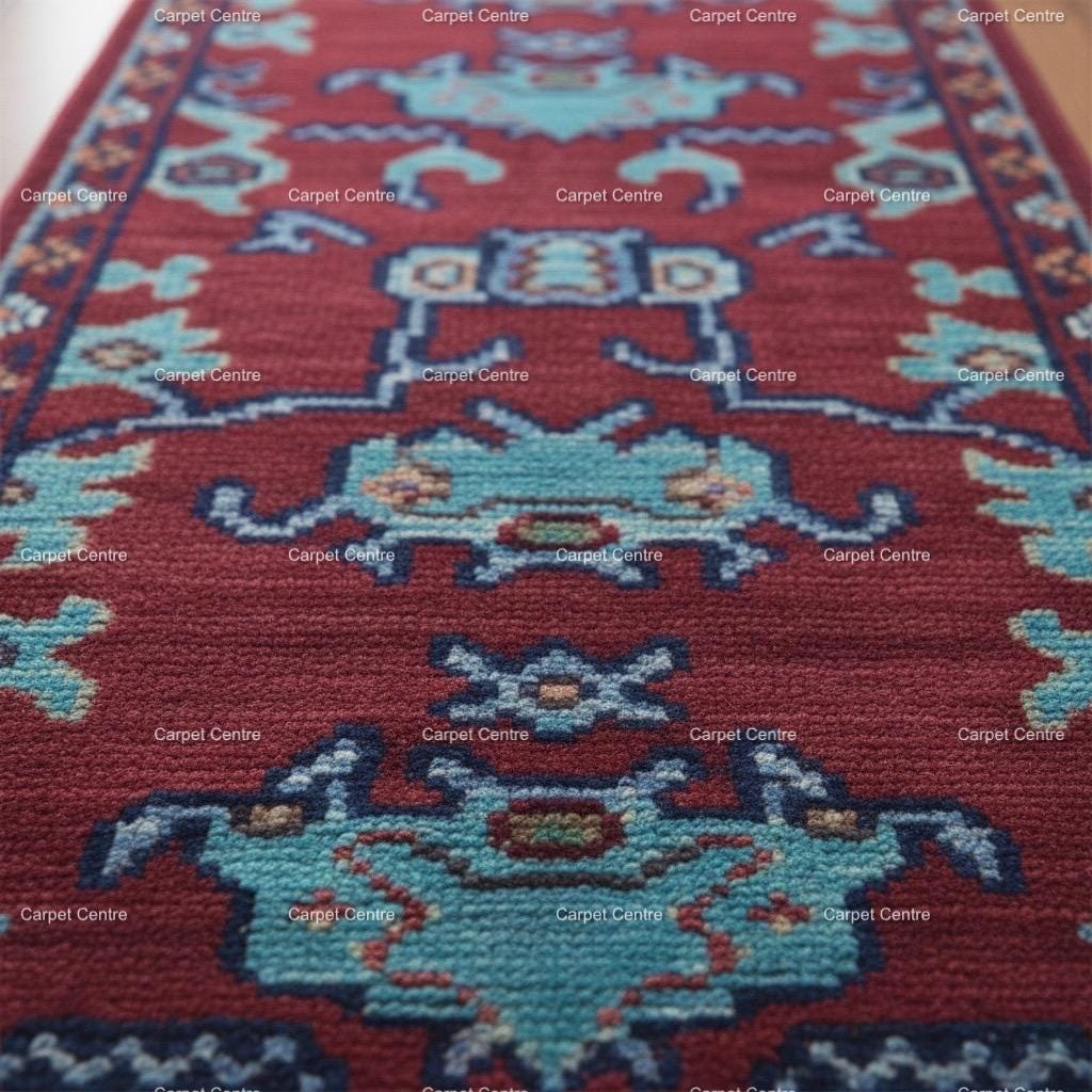 Maroon Oushak Runner Rug, Handwoven Wool Teal Tribal Design