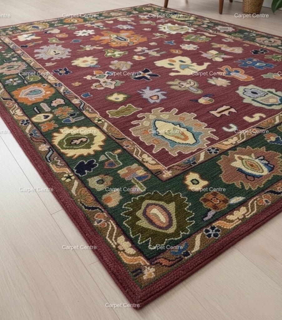 Maroon Oushak Rug, Hand-Knotted Wool Rug, Red and Green, 8x10