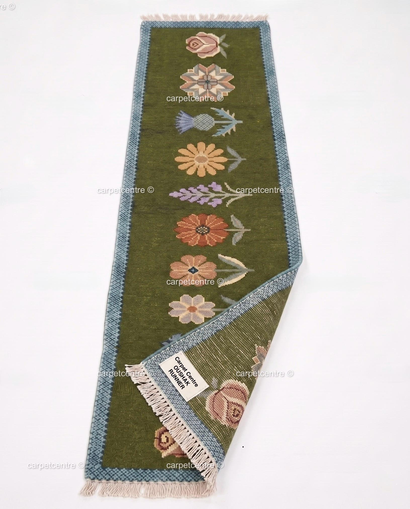 Handmade Wool Runner Rug – Olive Green Wildflower Botanical Carpet (Custom Sizes)