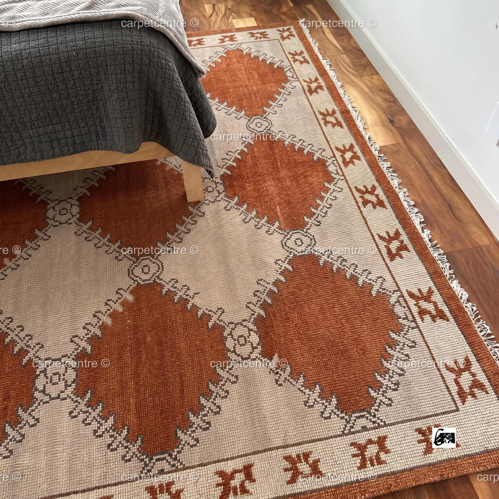 Hand Knotted Oushak Rug, Olive Green Geometric New Zealand Wool Area Rug