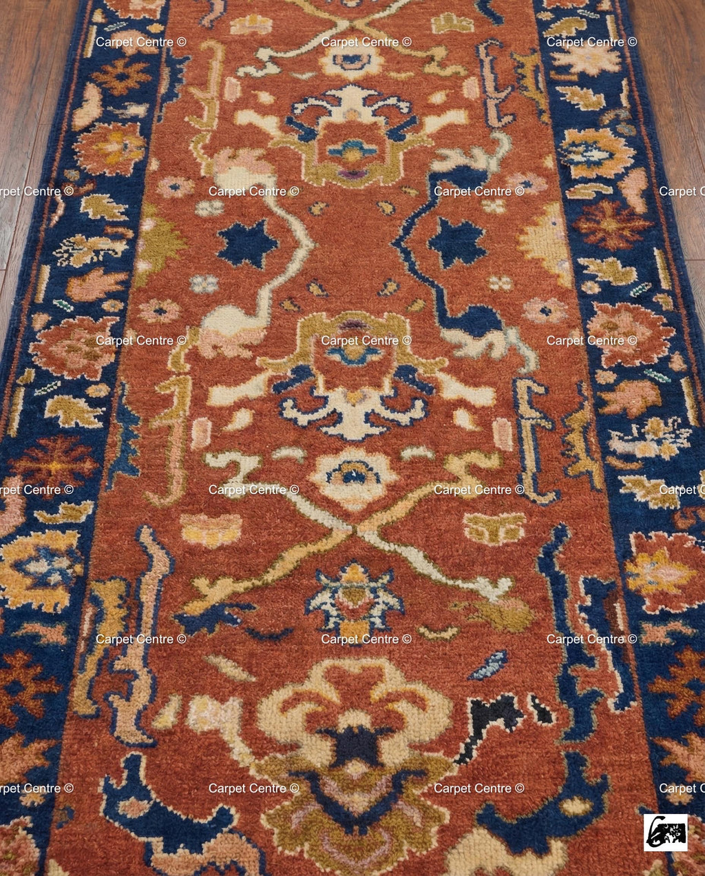 Hand Knotted Wool Runner Rug, Rust Navy Geometric Oushak, Boho Southwestern Decor