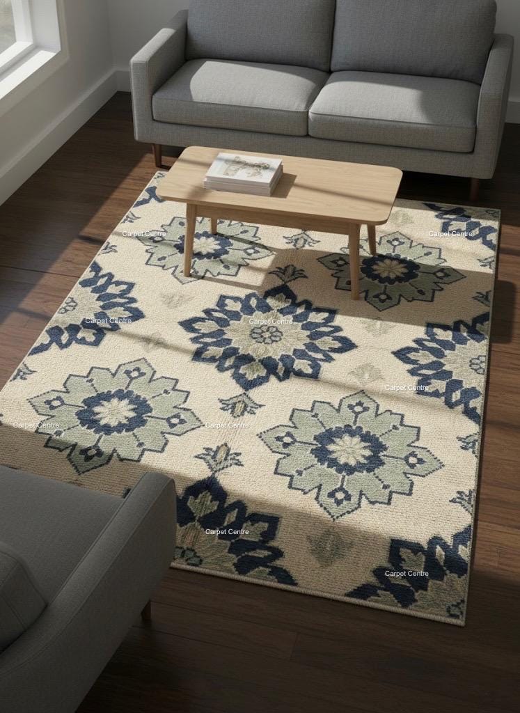 Handmade Ivory Oushak Wool Rug, Navy Blue & Sage Green Floral