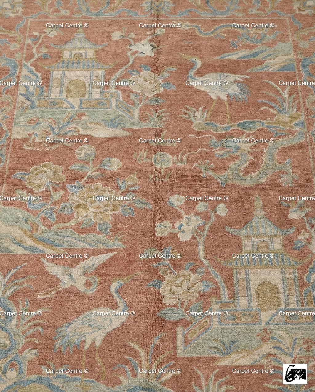 Terracotta Chinoiserie Wool Rug, Hand Knotted Oushak, Dragon Crane Motif