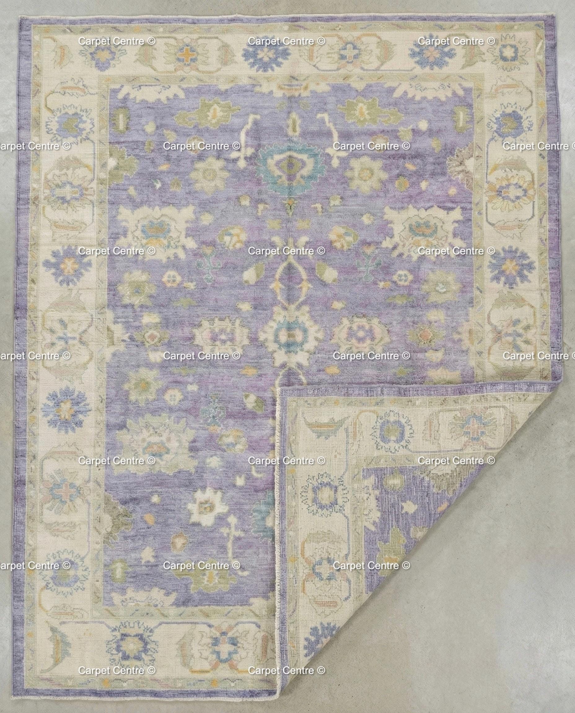 Hand-Knotted Wool Oushak Rug, Lavender Floral, Vintage Style