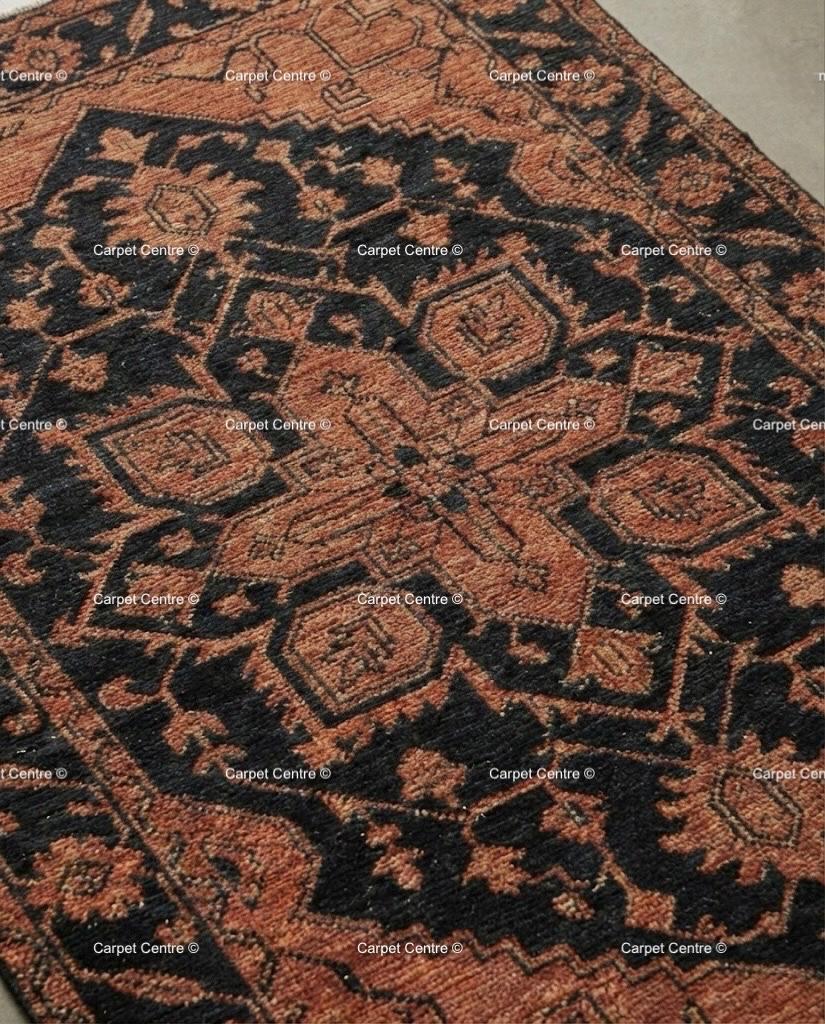 Handmade Oushak Wool Rug, Black and Rust Geometric Medallion