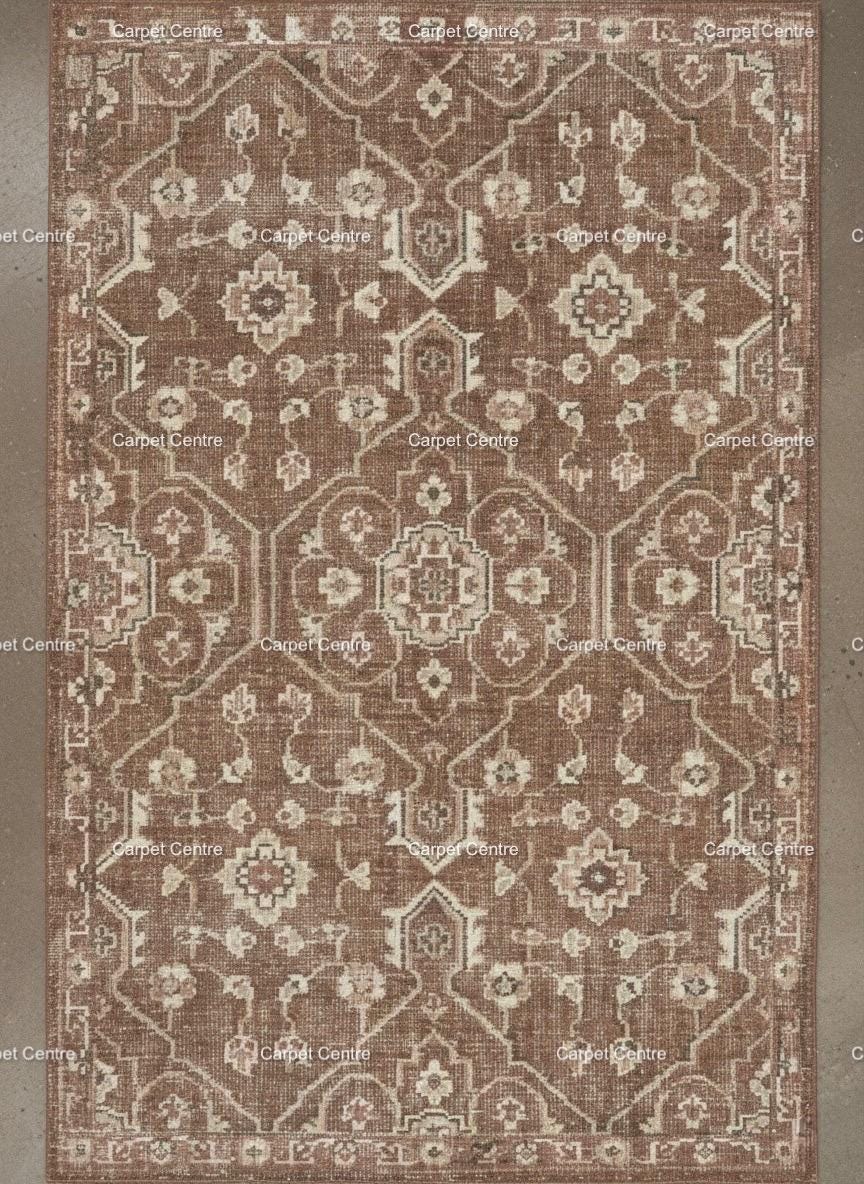 Handknotted Oushak Wool Rug: Distressed Brown Beige Geometric