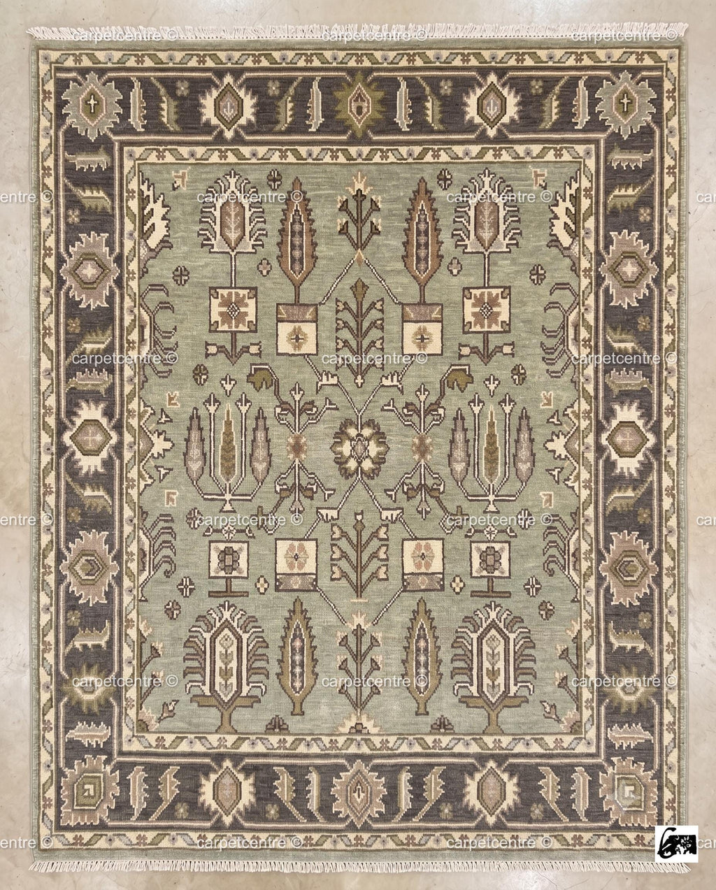 Hand Knotted Oushak Rug, Sage Green Wool Botanical Tribal Carpet