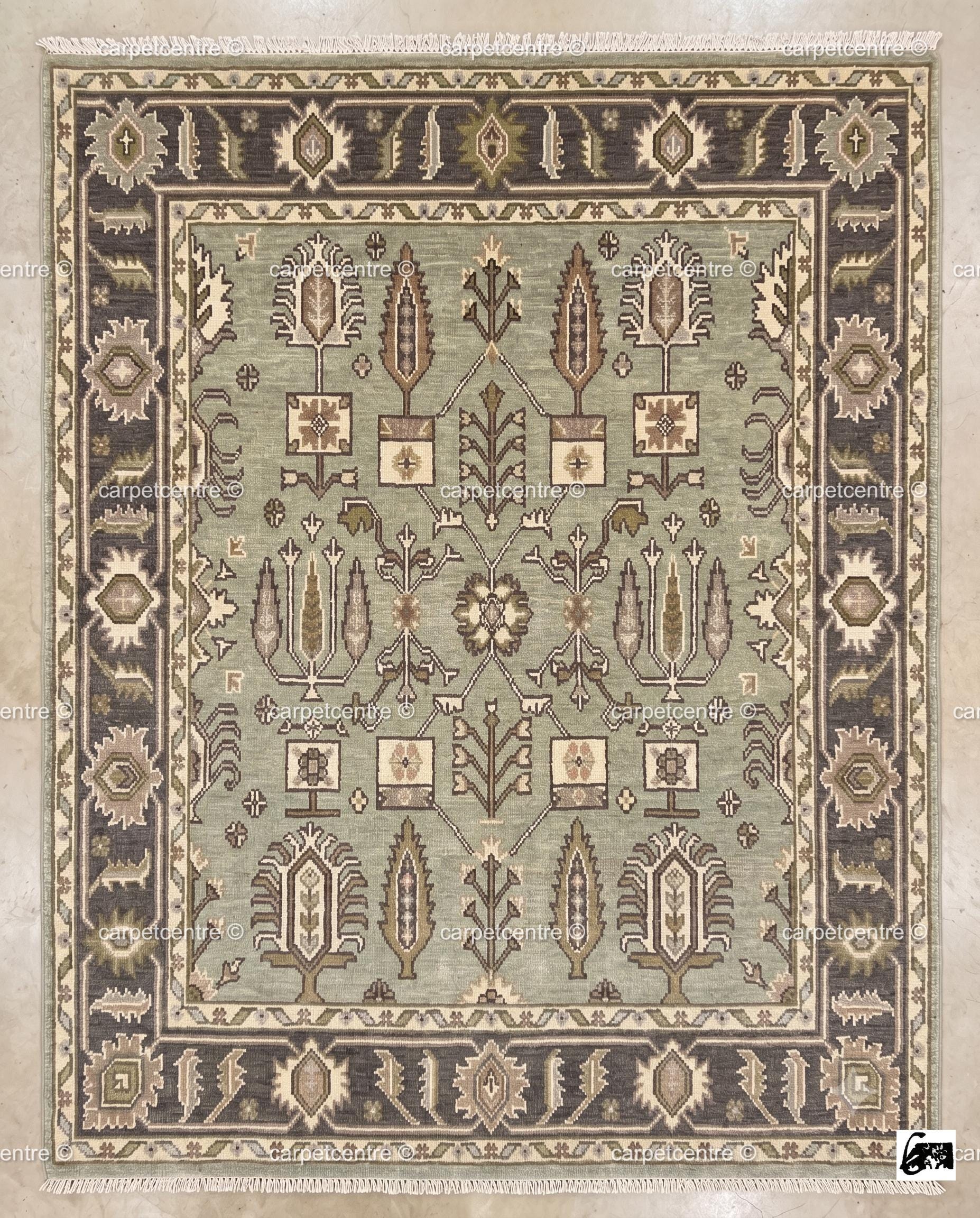 Hand Knotted Oushak Rug, Sage Green Wool Botanical Tribal Carpet