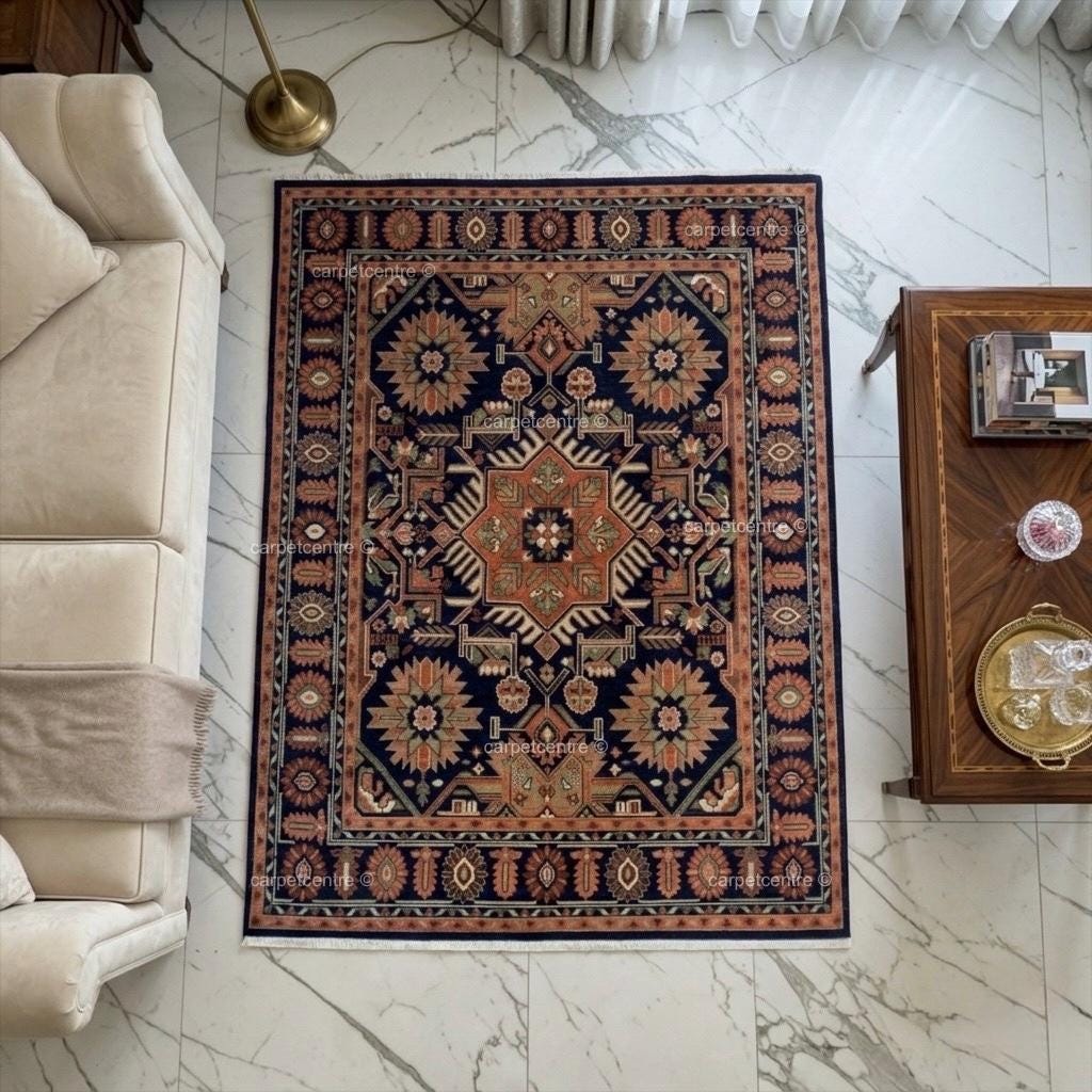 Hand-Knotted Oushak Wool Rug: Navy Blue Rust Tribal Rug, Traditional Decor