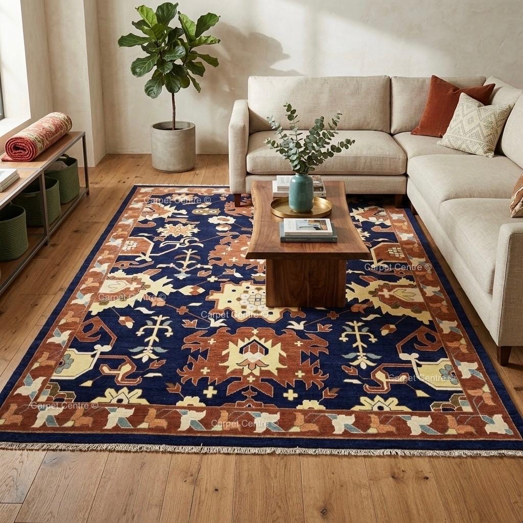 Navy Blue Oushak Rug, Rust Geometric Turkish Tribal Boho Area Rug