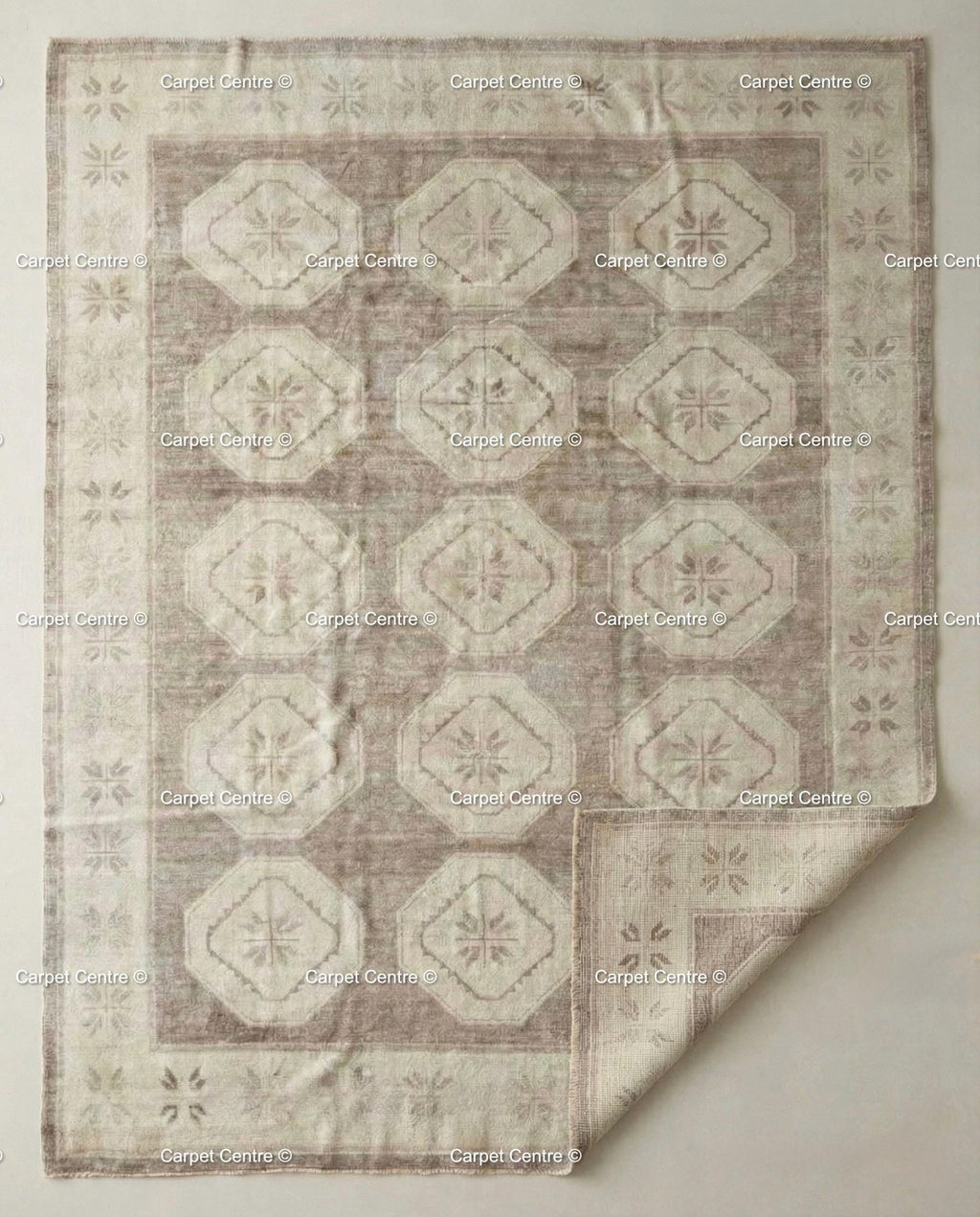 Neutral Geometric Oushak Rug | Hand-Knotted Wool Turkish Knot