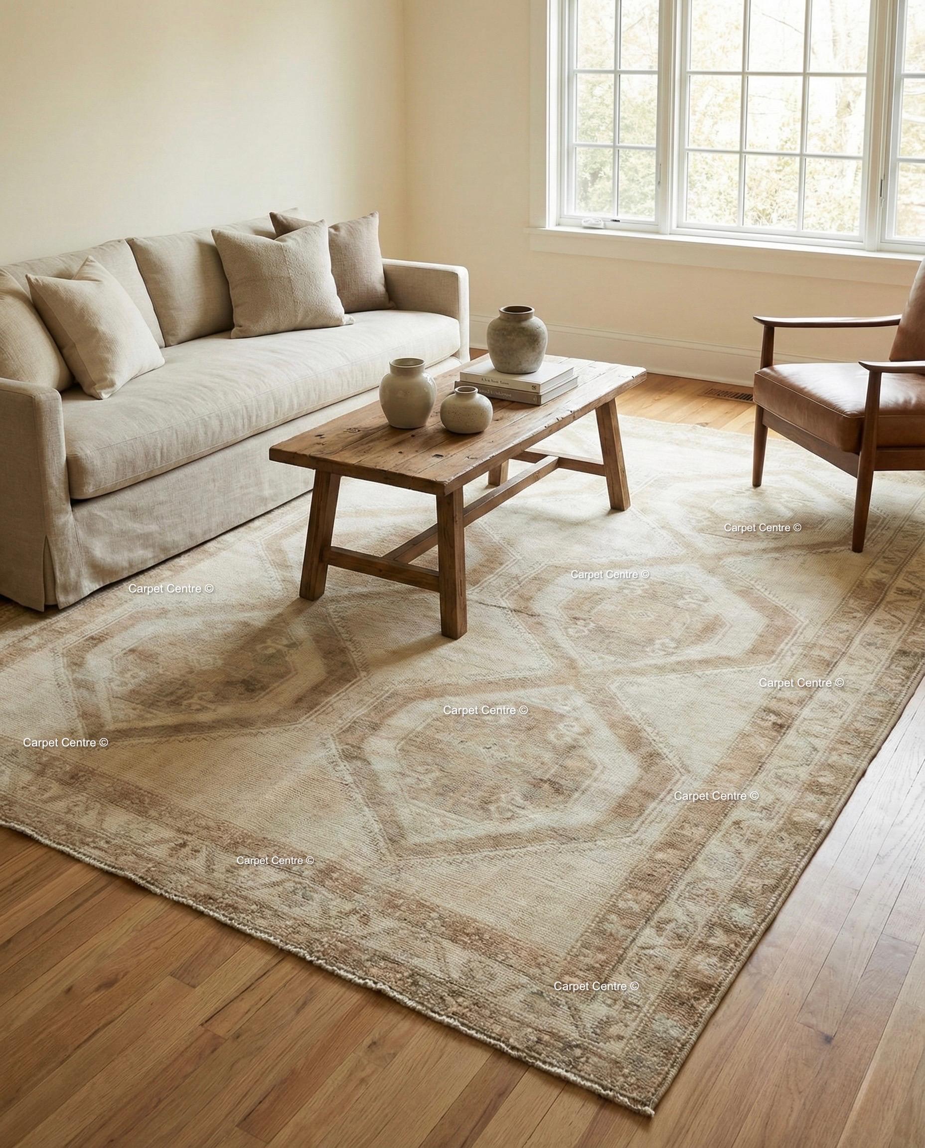 Hand-Knotted Wool Oushak Rug, Neutral Geometric Vintage Style Living Room Decor