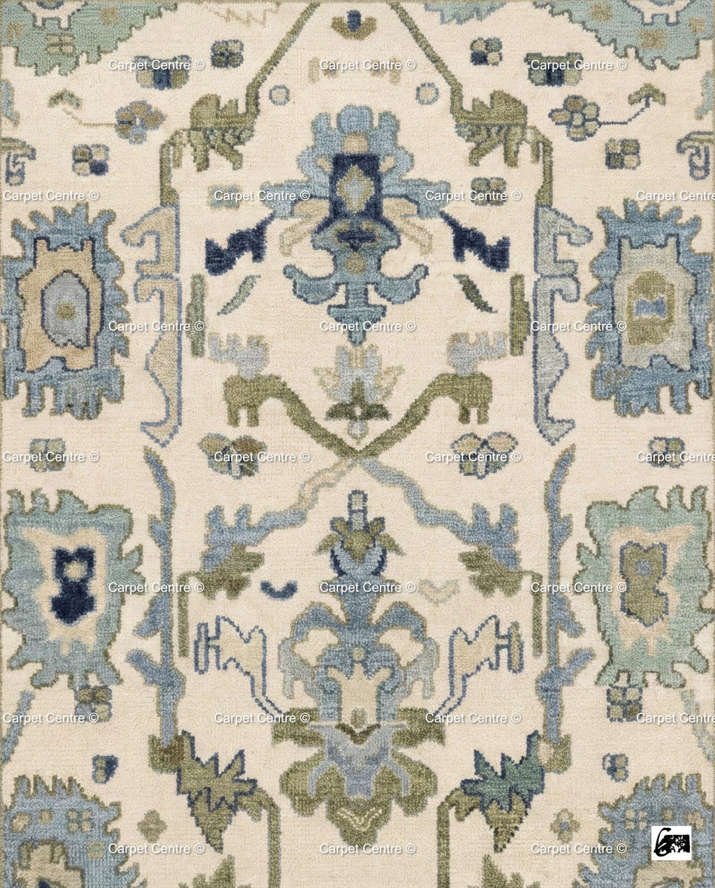 Hand Knotted Wool Oushak Rug | Navy, Cream, and Sage