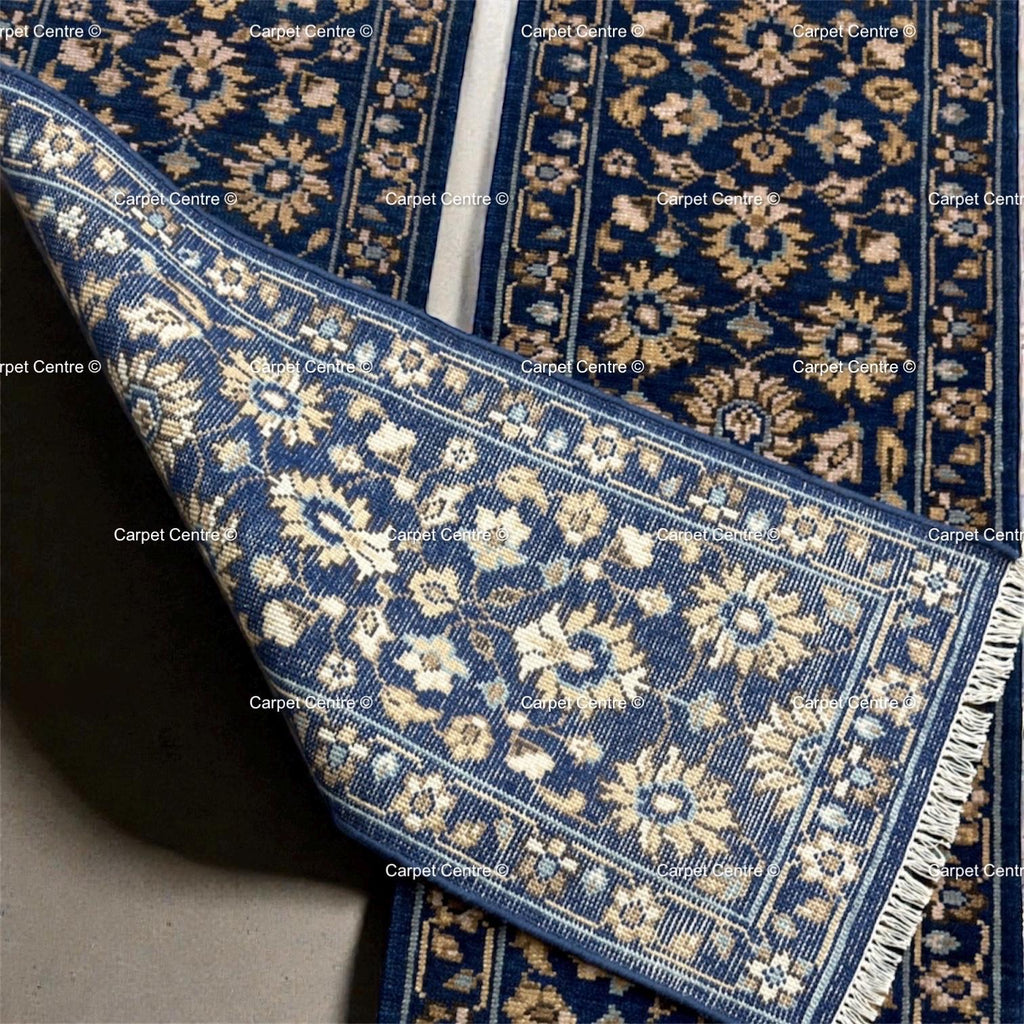 Hand-Knotted Wool Runner Rug | Navy Blue Oushak Floral Hallway Carpet