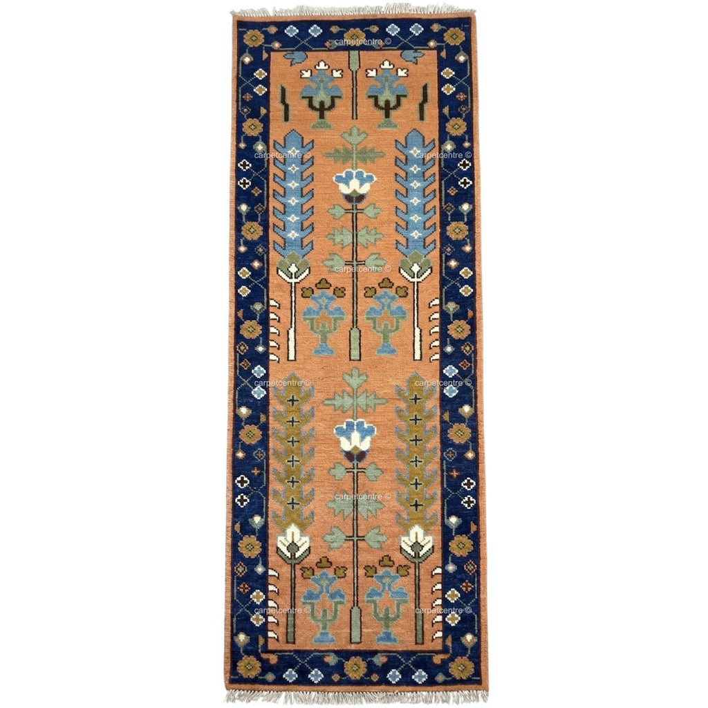 Hand-Knotted Terracotta Oushak Hallway Runner Rug, Handspun Wool Tree of Life, Navy Border