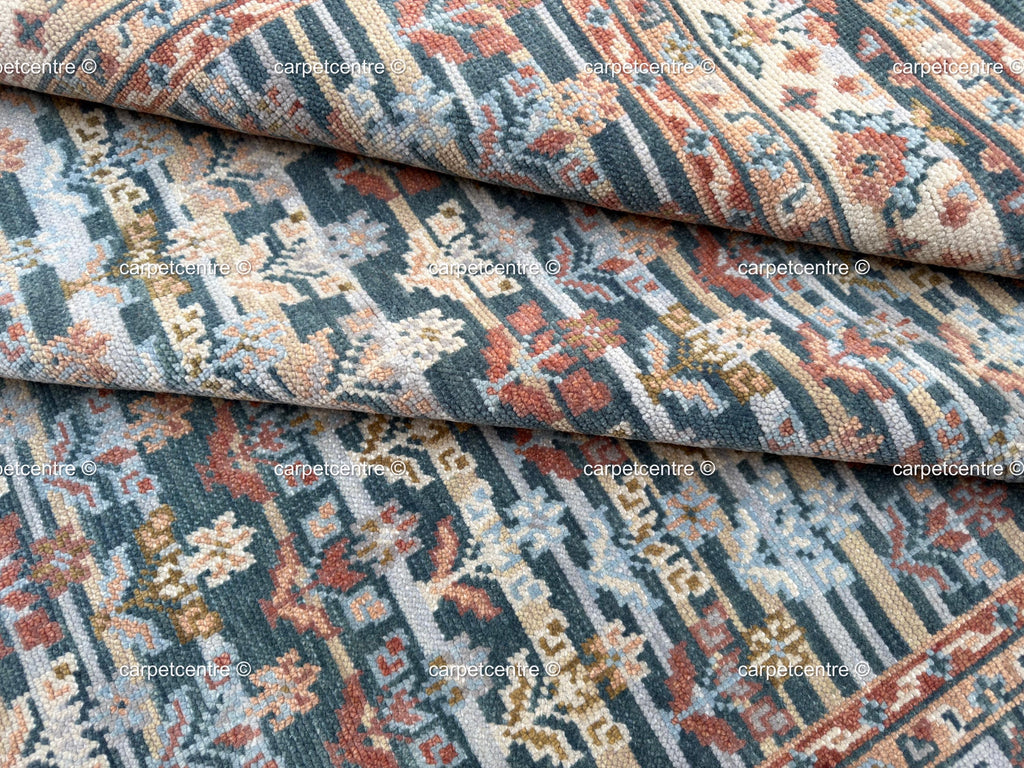 Hand Knotted Wool Oushak Rug, Teal Blue Rust Tribal Geometric (8'x10')