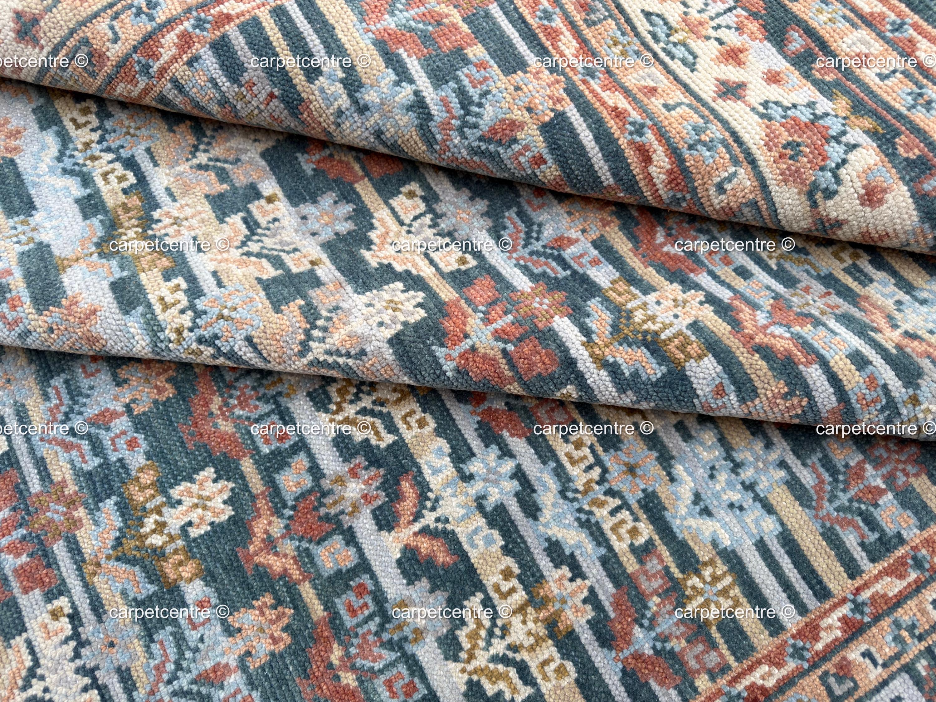 Hand Knotted Wool Oushak Rug, Teal Blue Rust Tribal Geometric (8'x10')
